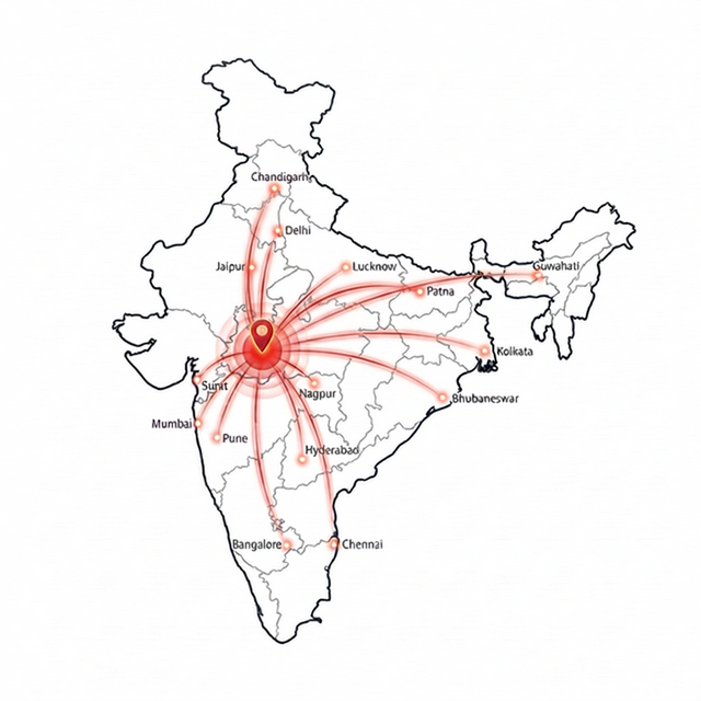Atlas Power Pan-India Dealer Network Map – connection lines from Indore to all major states